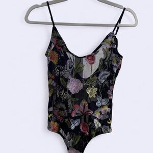 Black Sheer Floral Embroidered Bodysuit